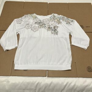 VTG Y2K Tunic Top Embellished Rayon Handmade White Autumn Leaf Design